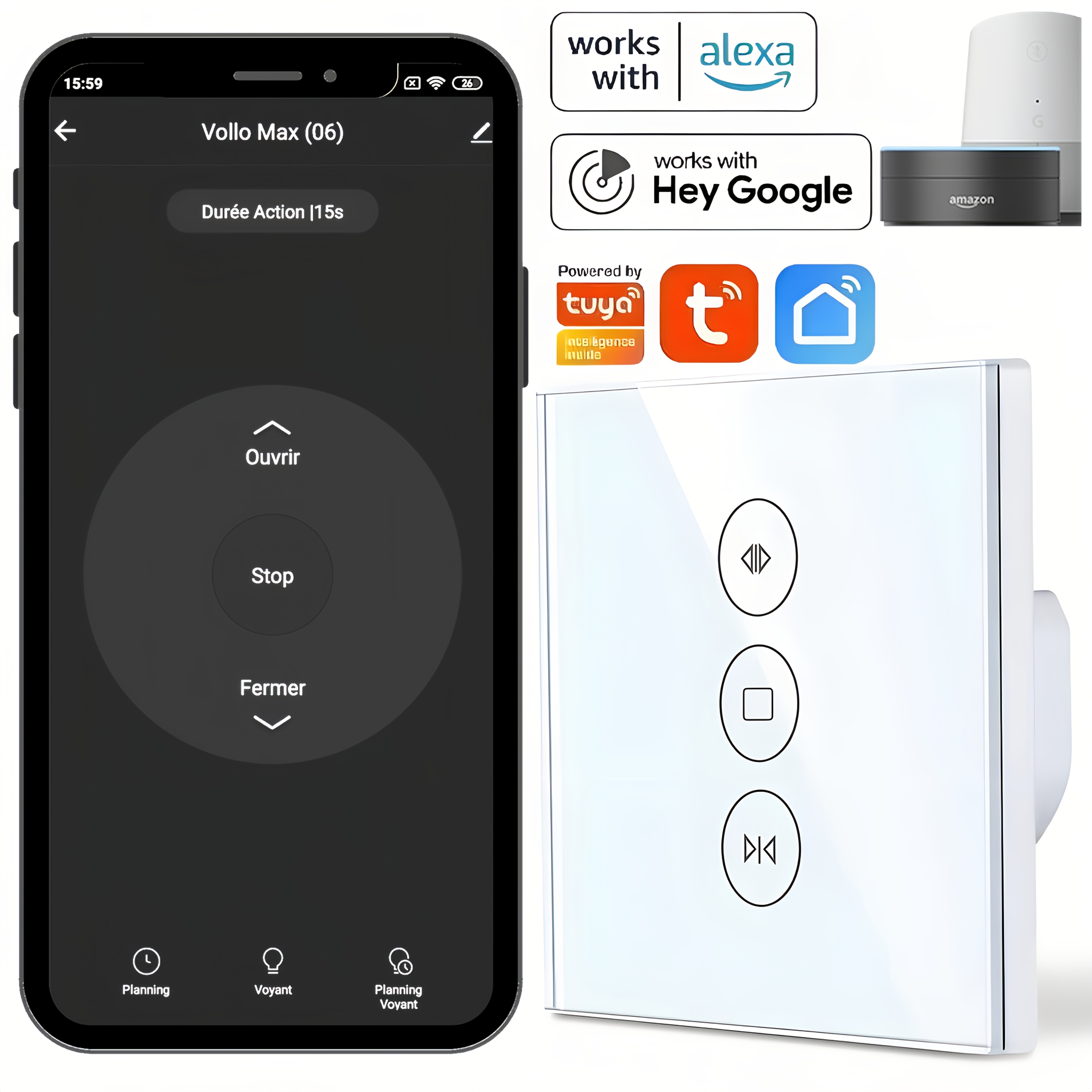 Allevoi Wifi-rolluikschakelaar met percentagefunctie, smart rolluiktimer, spraakbediening, compatibel met Alexa/Google Home/Smart Life, jaloezieënbesturing vereist nuldraad