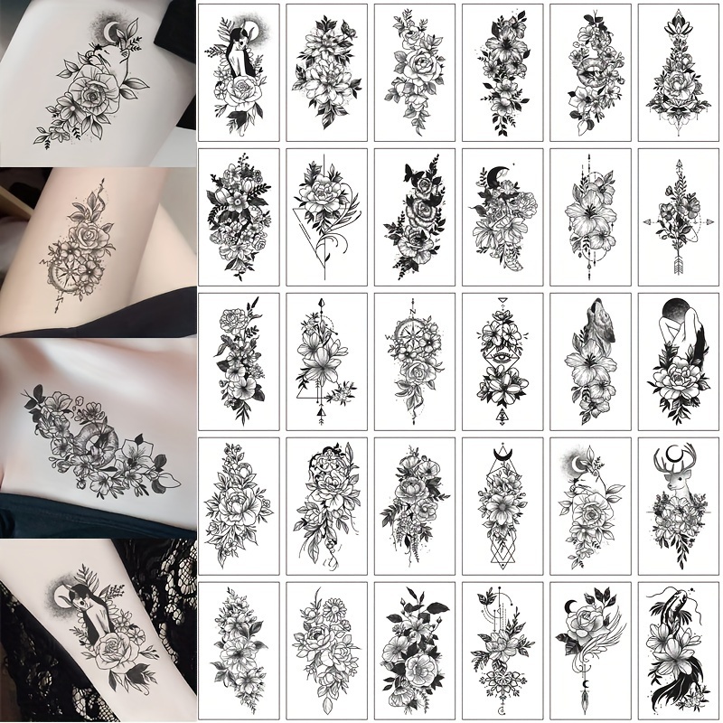 

30 Sheets Of Realistic Temporary Tattoos For Women, Long-lasting Semi Permanent Tattoos, Waterproof Large Flower And Animal Palm Tattoo Stickers, And Adult Girl Fake Tattoos