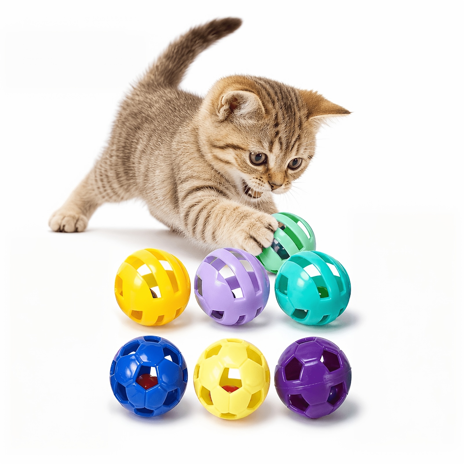 TEMU 6pcs Pack Balls Suitable For Indoor Cats And Kittens - Hollow Soccer Ball With Rolling Bells, Scratch-resistant Plastic , Interactive Game For