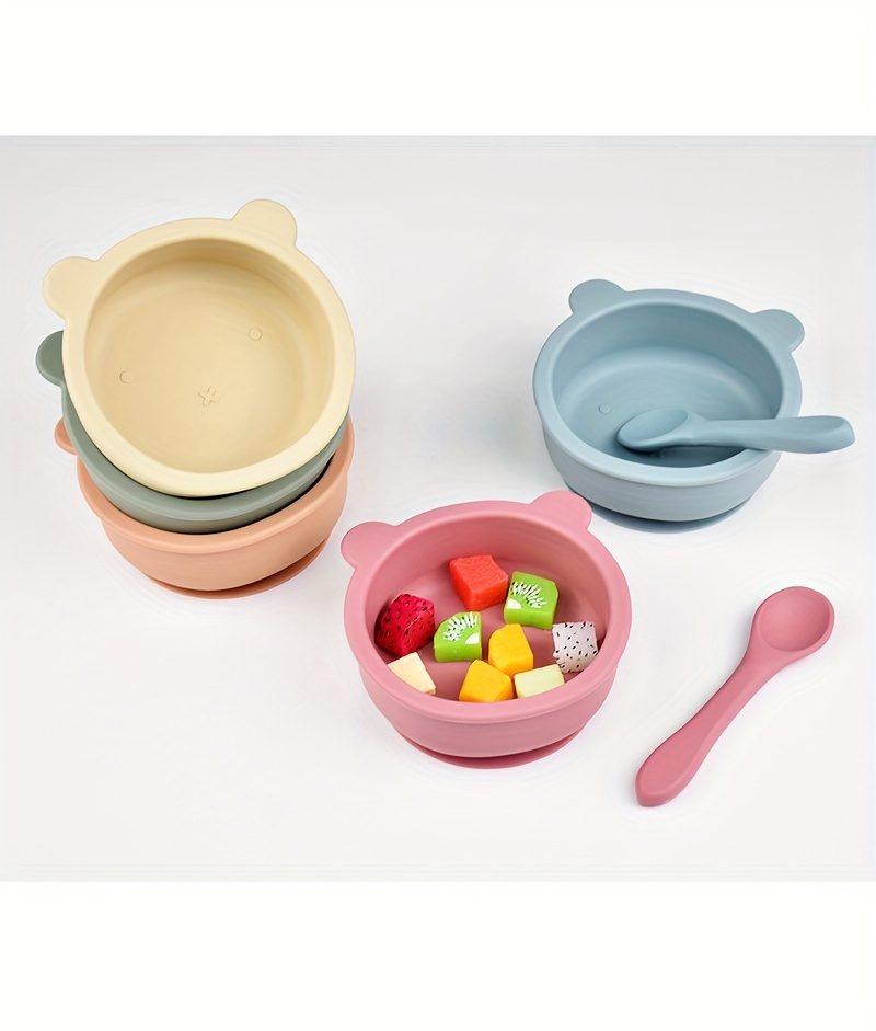 2 piece baby feeding tableware food grade silicone suction cup bowl wooden handle baby food spoon childrens baby food set does not   bpa details 4