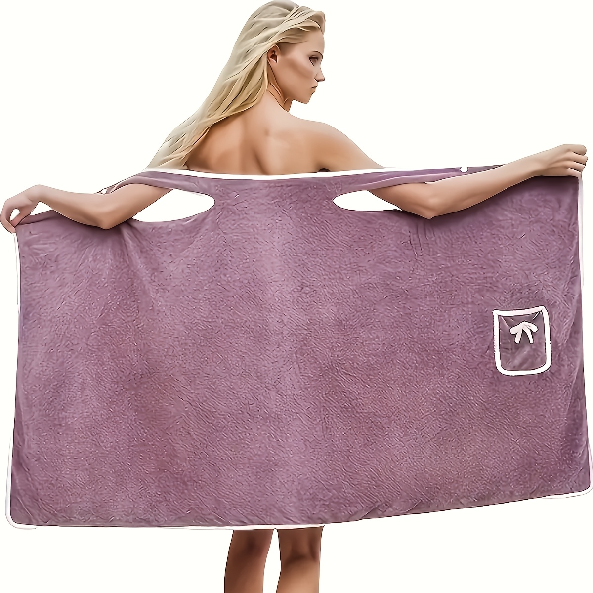 

1pc Ultra- Velvet Wearable Bath Towel Skirt For Adults - Quick Drying, Absorbent With Pockets & Bow Detail, Machine Washable, Contemporary Purple Design