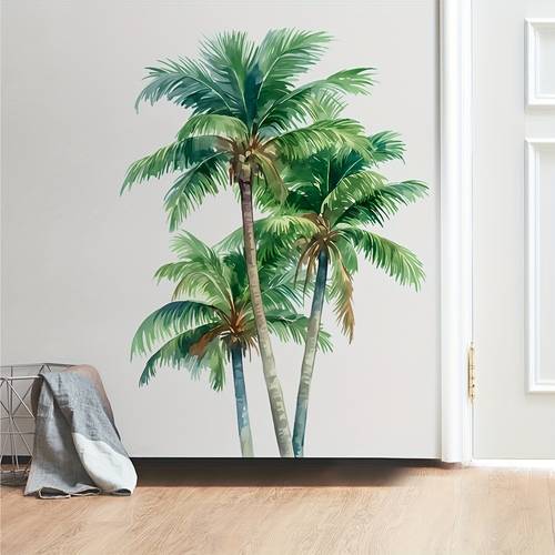 realistischer kokospalmen-wandtattoo - große abziehbare tropische strandlandschafts-aufkleber, selbstklebende kunststoffblatt-design für schlafzimmer, wohnzimmer, türdekoration, raumambiente-verbesserer | sommerliche atmosphäre