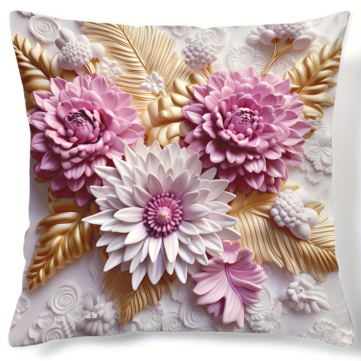 

Chic 3d Floral Print Pillow Cover, 17.7" Square - Sofa & Bedroom Decor, Zip Closure, Hand Wash Only