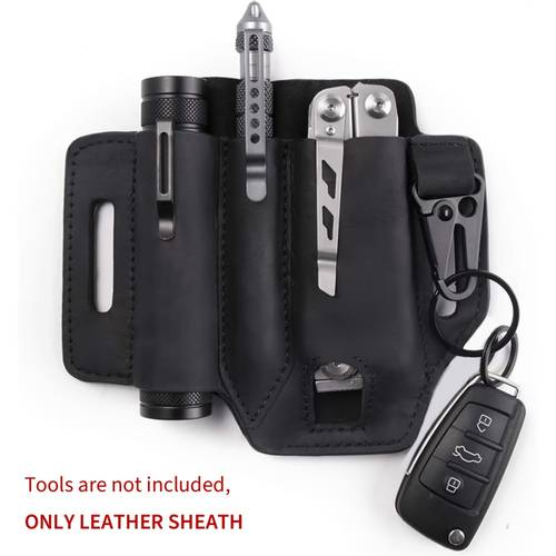 high quality real cowhide leather multi tool holder sewn belt organizer for flashlight pen tools multi tool pouch with keychain attachment