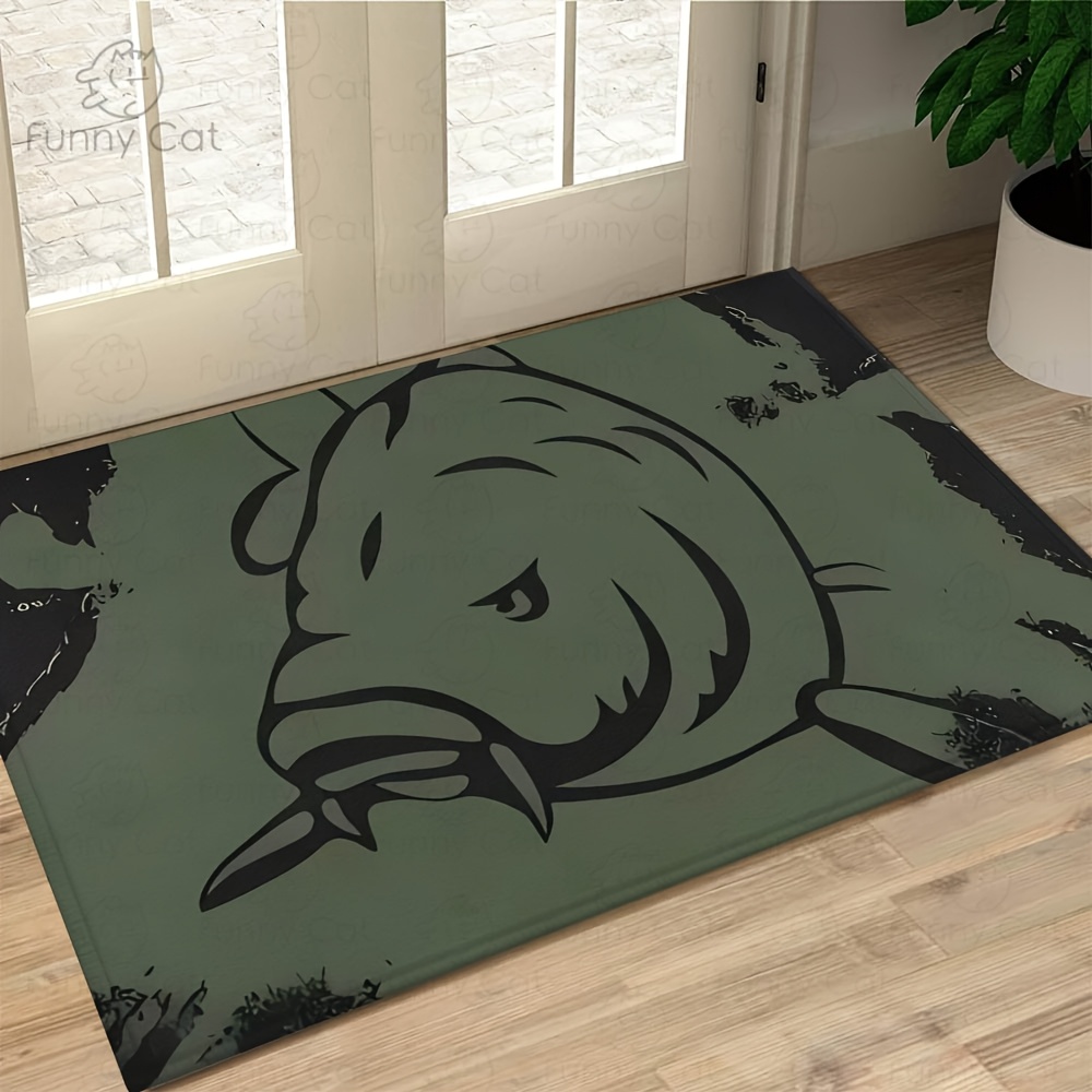 TEMU 1pc Olive Floor Mat Suitable For Fishing Enthusiasts - Realistic Carp Feeding Design, Non-slip Machine-washable Polyester, Indoor/outdoor Decor