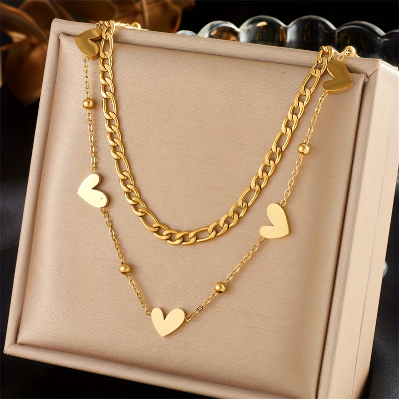 French Style Fashion Easy And Elegant Temperament Golden Double-layer Layered Irregular Heart-shaped Stainless Steel Necklace