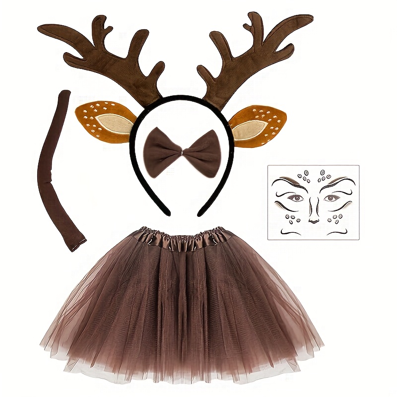 5pcs Animal Set, Reindeer Headband, Stickers, Antler Headband, Reindeer Tail, Reindeer Bow Tie And Tutu Skirt, Adult Costume, Halloween, Carnival, Christmas, Christmas Gift Elf Party