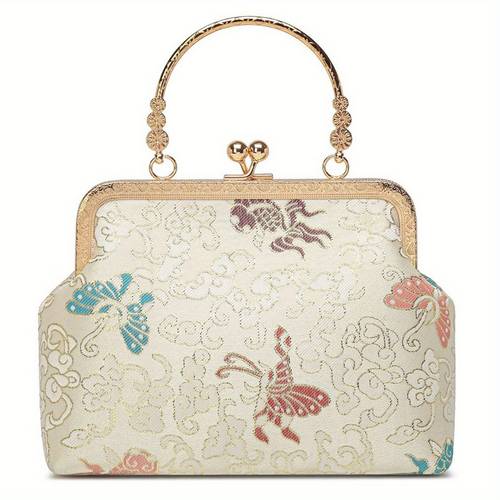 womens evening clutch purse chinese style floral clouds embroidery white with golden clasp closure detachable crossbody shoulder strap durable polyester for weddings parties formal events wedding accessory glossy intricate embroidery