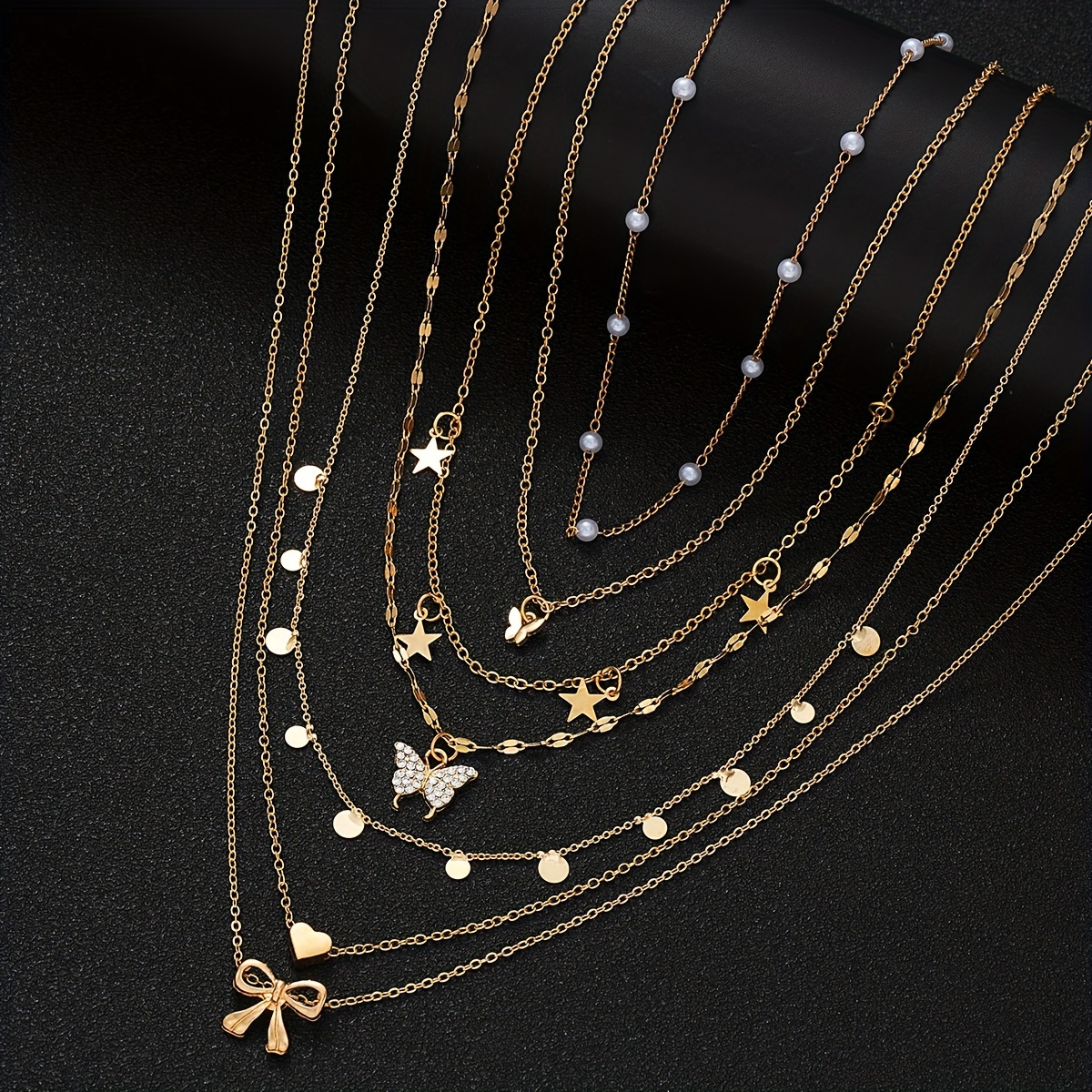 7pcs Simple And Stylish Bow Heart Stacked Necklace Set, Gift For Girlfriend Or Mother, Suitable For Dates, Gifting, Parties, And Daily Wear