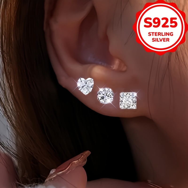 6pcs set 1 5g hypoallergenic s925 silver womens fashion stud earrings with synthetic synthetic zirconia heart and square shapes minimalist   for casual attire or special occasions Product details 3