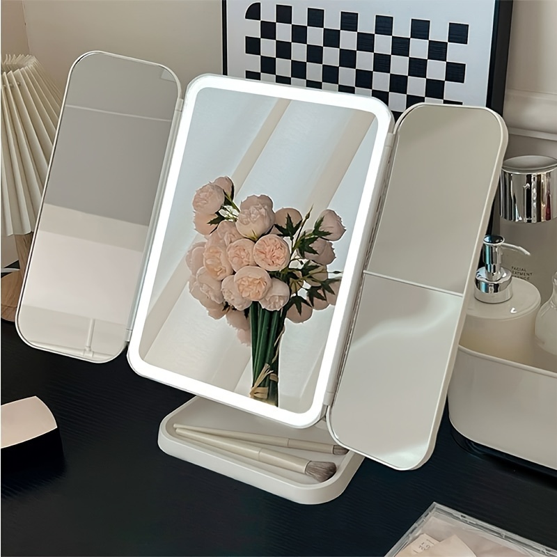 

1pc Tri-fold Led Lighted Makeup Mirror, 3 Color Lighting, Rechargeable Vanity Mirror For Desk/tabletop