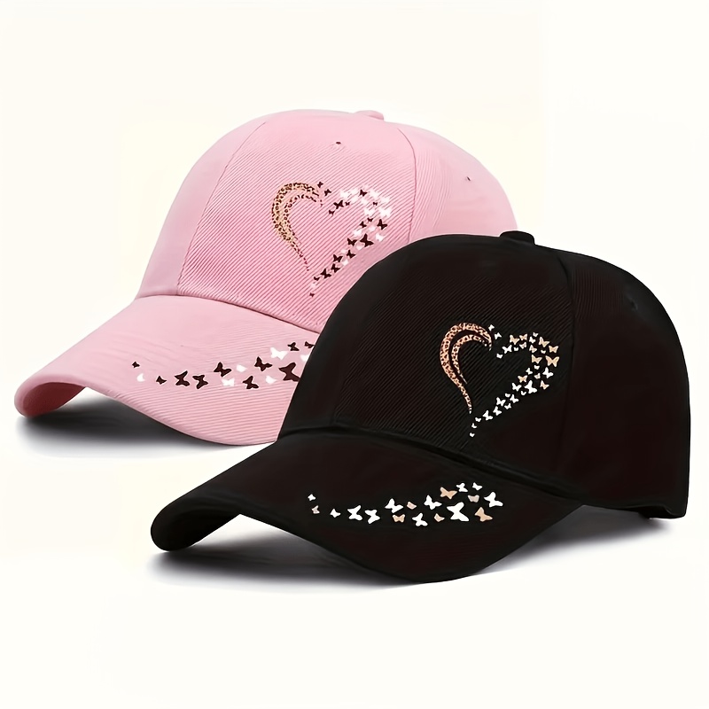 TEMU 2 Gorras de Béisbol con Estampado de Mariposas y Corazones Brillantes, y Negro, Moda, Deportivas para Exteriores, Ligeras, Suaves, Cómodas,
