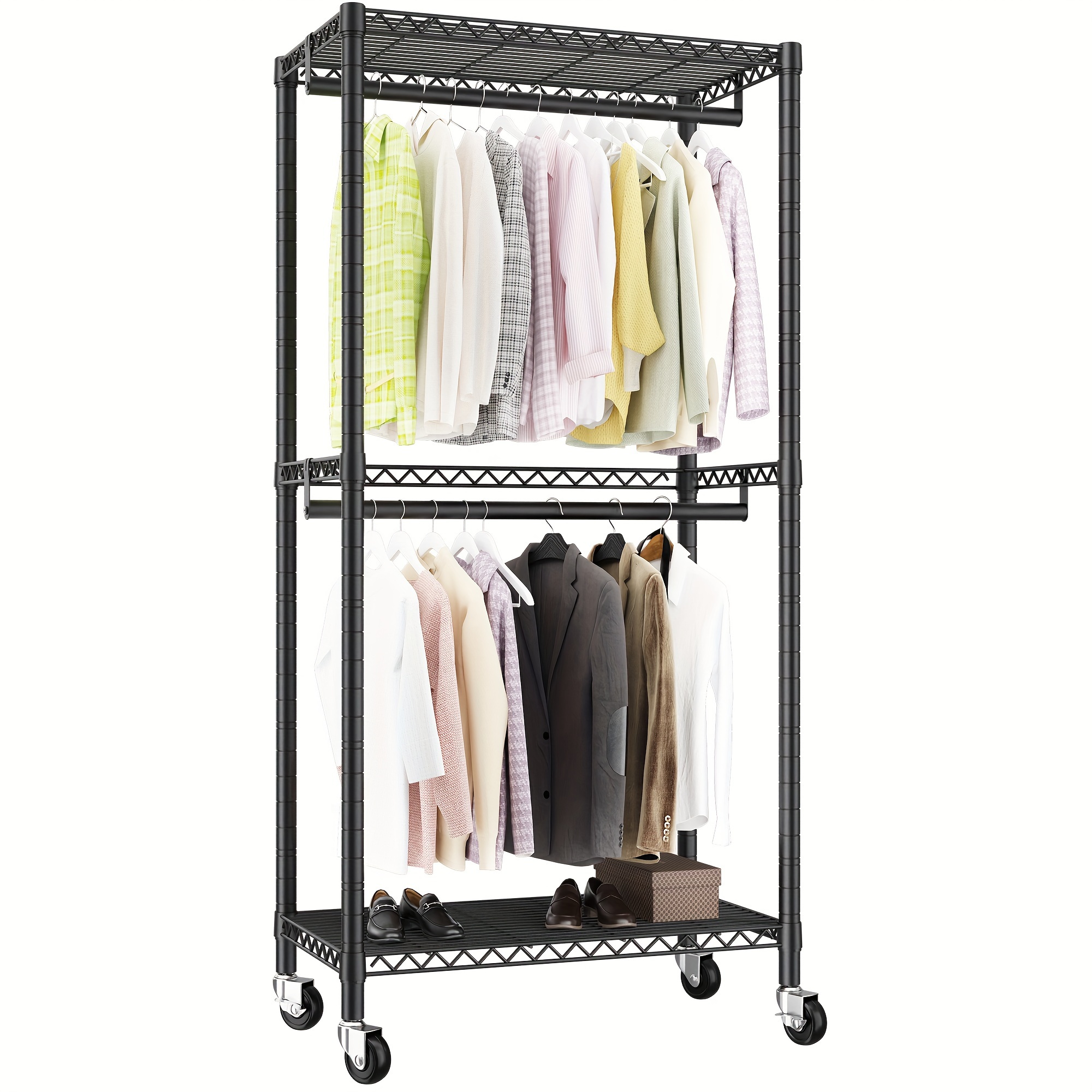 

Clothes Rack Heavy Duty Clothing Rack 80" H Clothing Rack With Wheels Adjustable Clothing Racks For Hanging Clothes Portable Rolling Clothes Rack Metal Garment Rack 80" H X36" W X15.8" D, Black