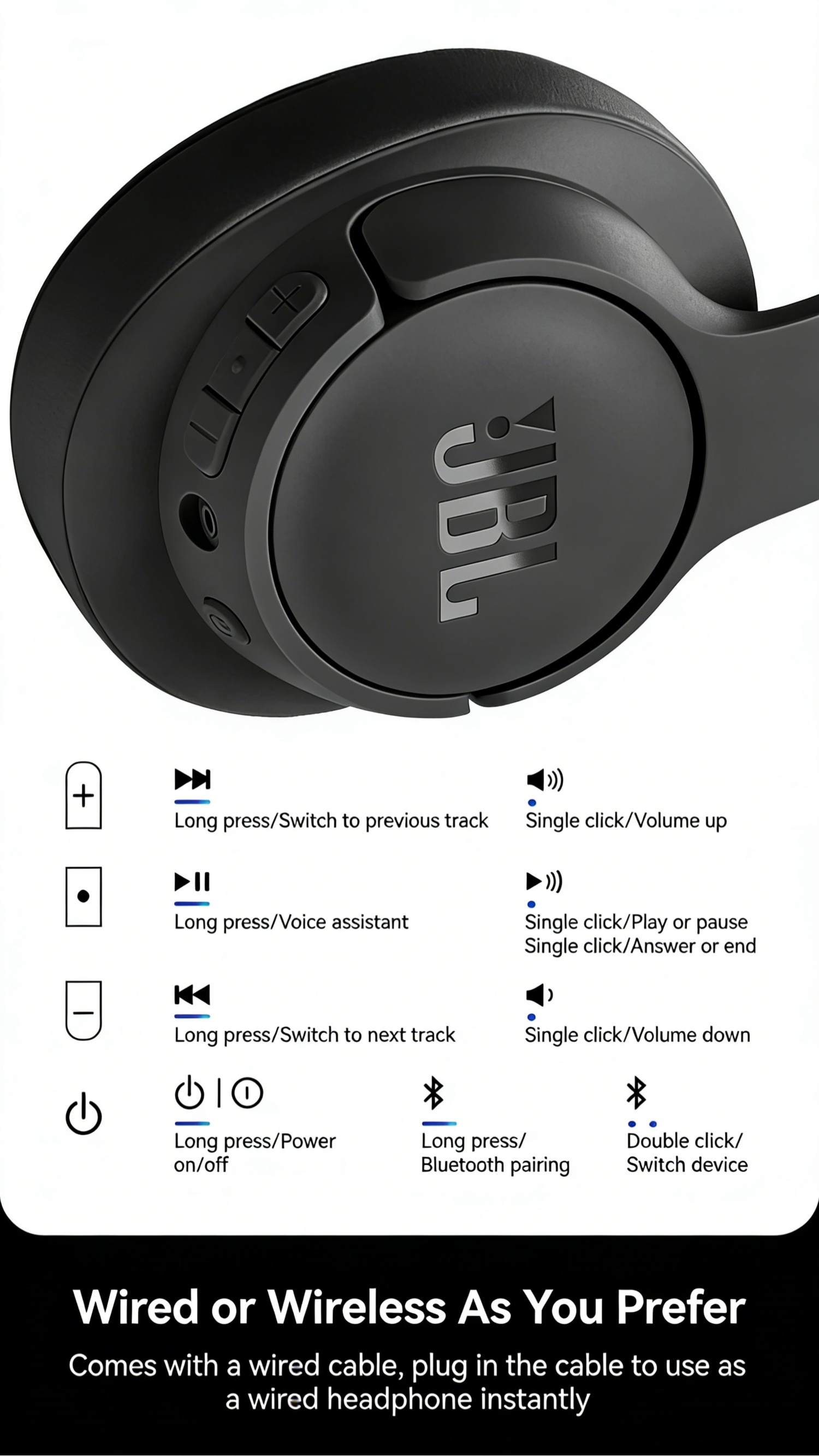 JBL Tune720BT Wireless Headphone, 5-Min Fast Charge, Over-ear Comfortable Wearing, Foldable & Portable