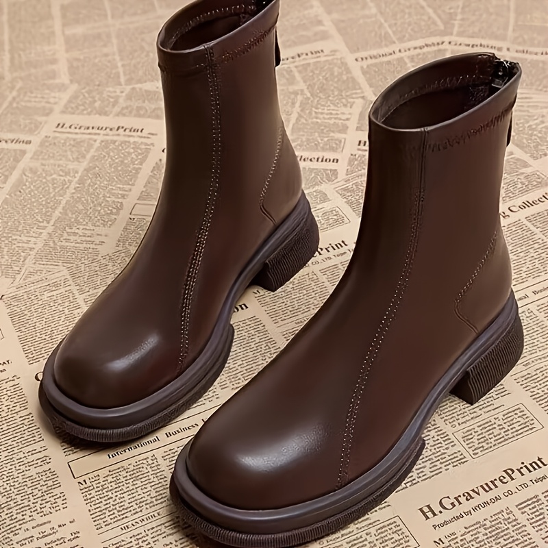 Chic Women's Ankle Boots with Chunky Heel Comfortable Cover, Round Toe,  Back Zipper, Non-Slip Rubber Sole, Fashionable Solid Color Chelsea Booties 