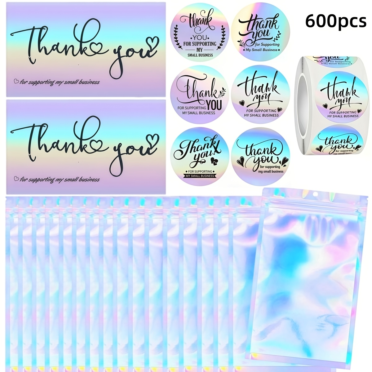 TEMU 600pcs Tulikemg Small Business Thank You Cards & Holographic Stickers - Resealable Thank You Notes Suitable For , For Supporting My Small
