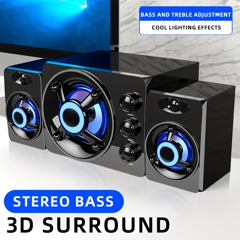 altavoces para computadora con tres drivers, diseñados para ordenadores de sobremesa y portátiles, con altavoces estéreo de escritorio con conexiones cableadas,   usb, equipados con un conector de audio de 3.5 mm, incluyen iluminación   led, sonido de 2.1  