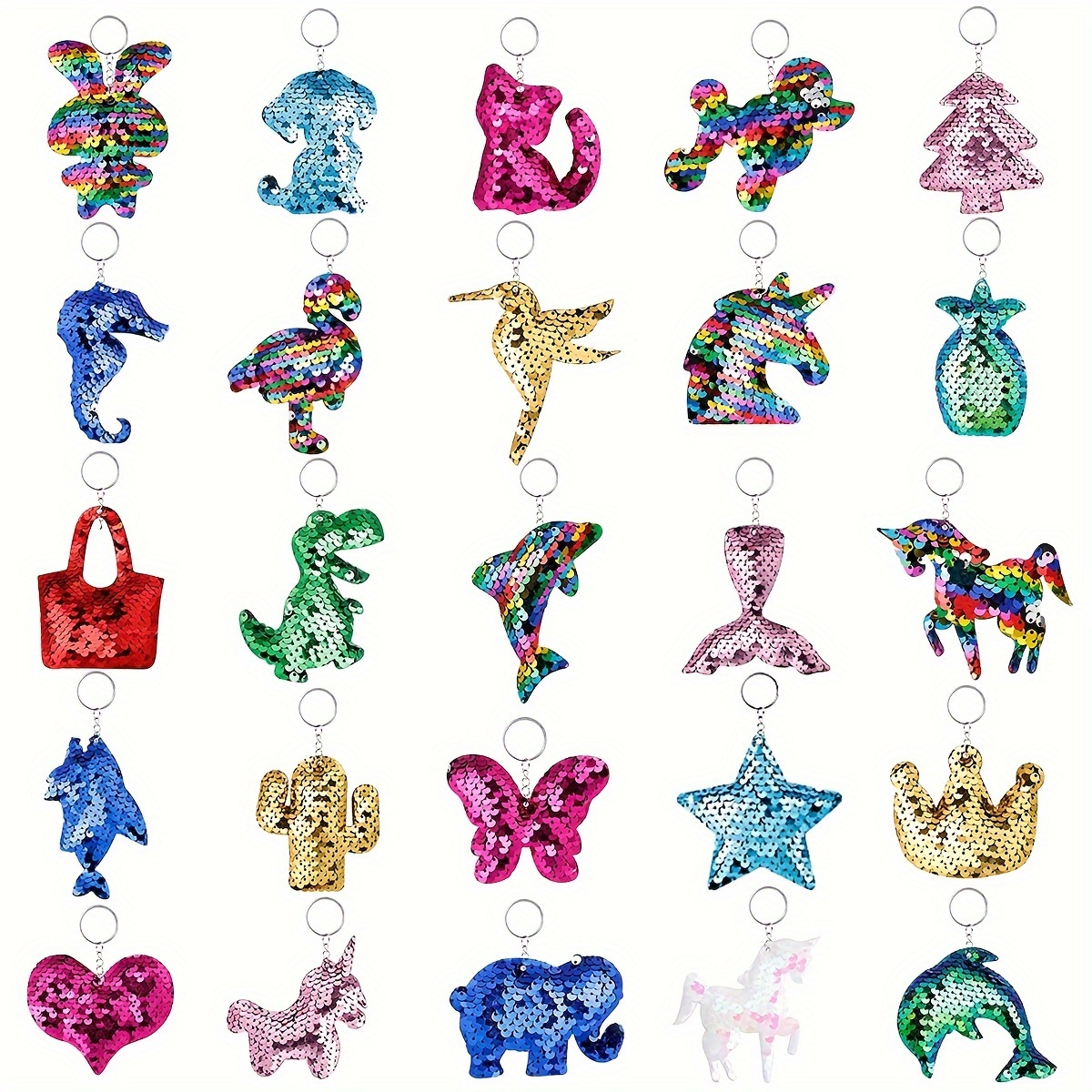 

25pcs Sparkling Sequin Keychain Set - Cute Cartoon Mermaid Tail, Cat & Animal Shapes - Christmas Gifts, Party Favors & Back To School