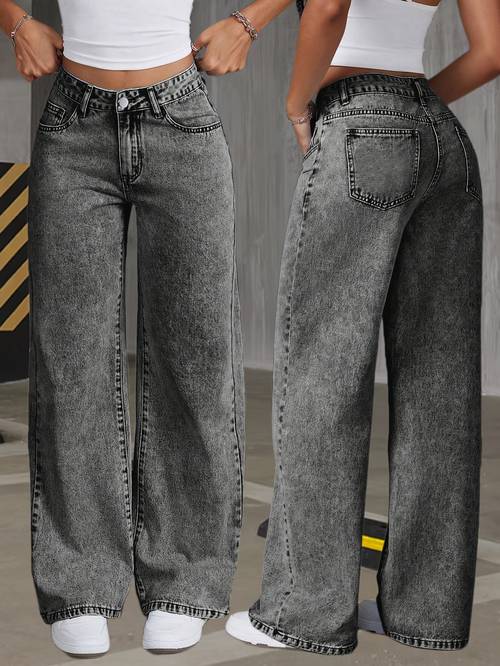 womens gray snowflake denim wide leg jeans elegant comfortable stretch casual pants with high waist button fly and flake details for weekend wear versatile fashion elegant denim