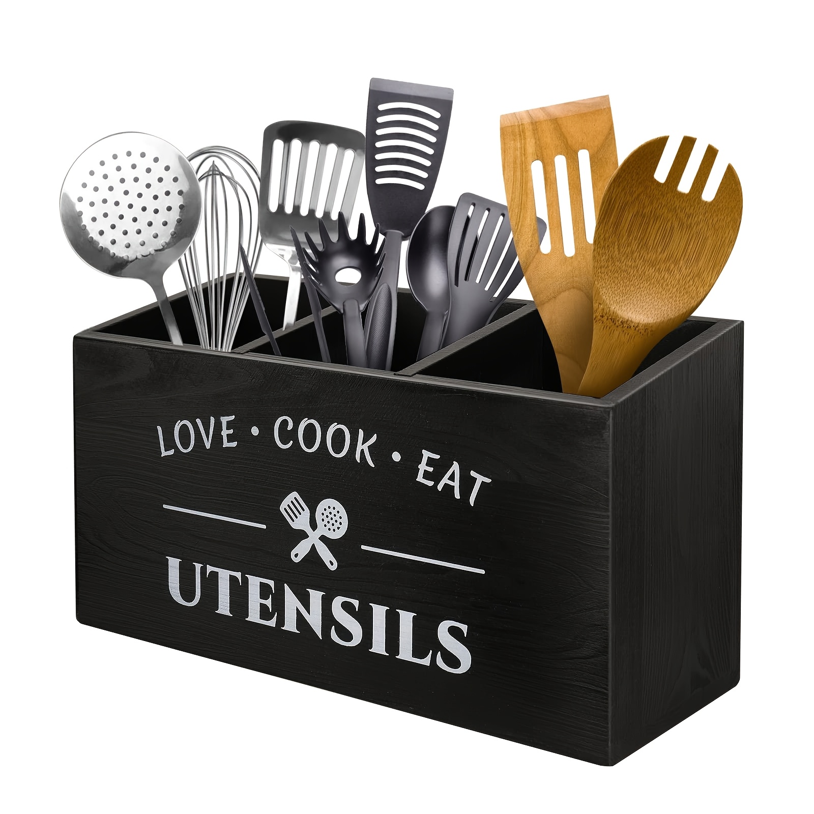Image of Wooden Kitchen Utensil Holder Caddy, 3-compartment Countertop Organizer, Farmhouse-style Cookware And Cooking Racks