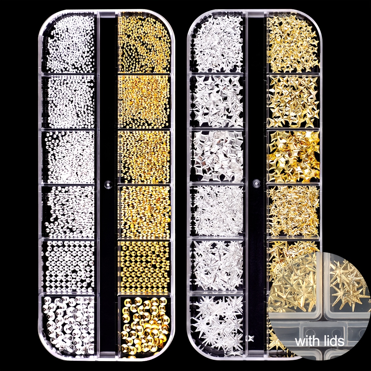 TEMU Decoraciones para uñas con forma de estrella 3D, gemas metálicas doradas y plateadas que recuerdan a de estrella cruzada, junto con diminutas