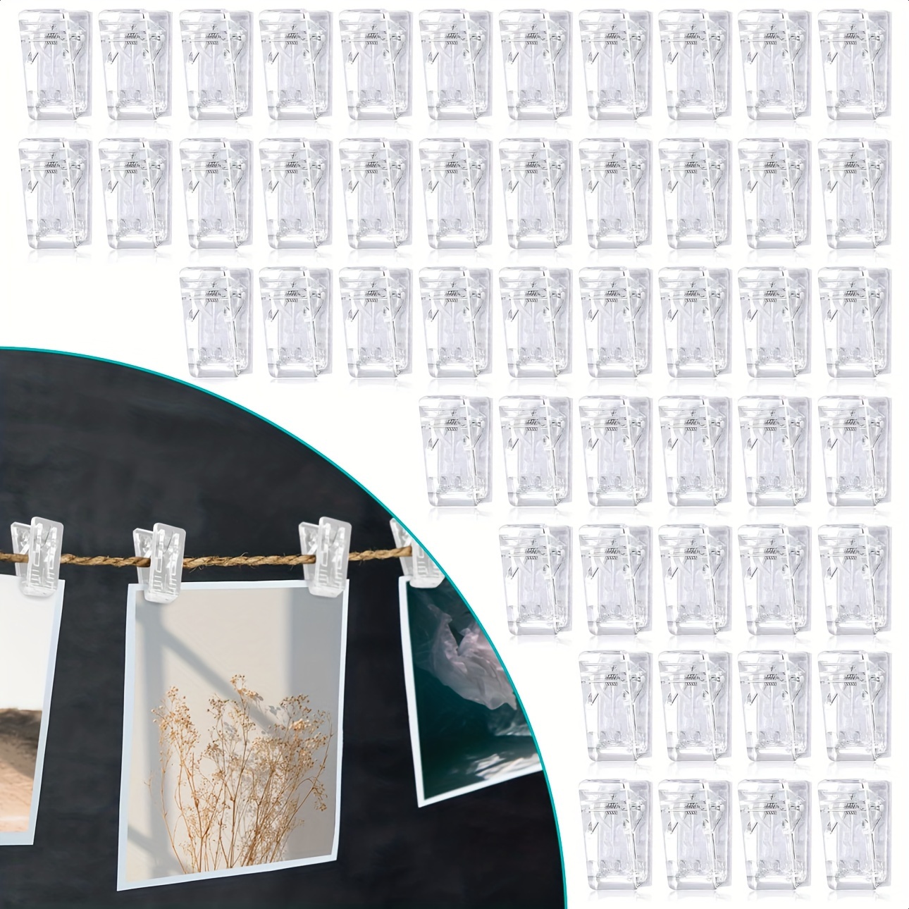 60 Pinces à Ressort CLVPAI - Transparentes - 13x26 Mm - Pour Photos, Bureau, Décoration - Autocollantes