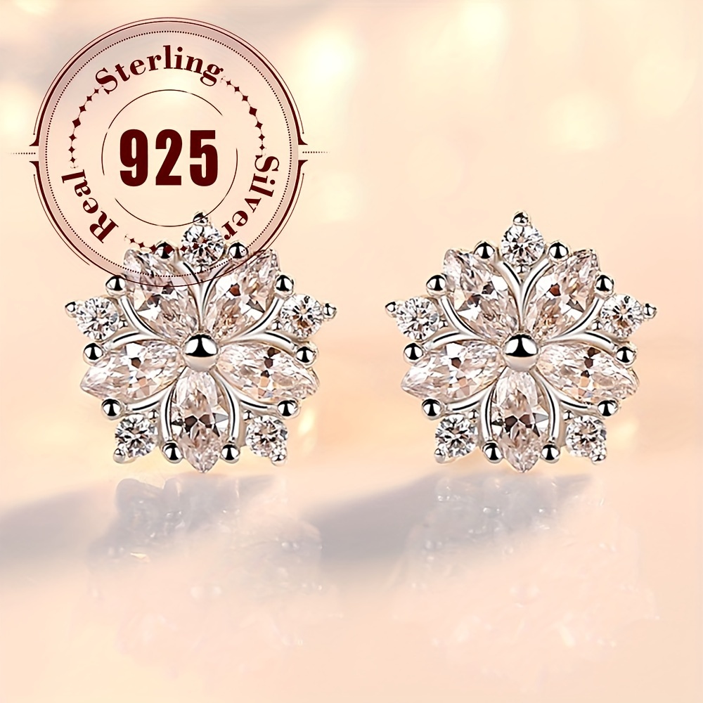 TEMU Sakura Flower Stud Earrings 925 Sterling Silver, Pink & Clear Zirconia Luxury Japanese & Korean Style, Daily & Gift Occasion, Non-plated Ear Studs (2pc)