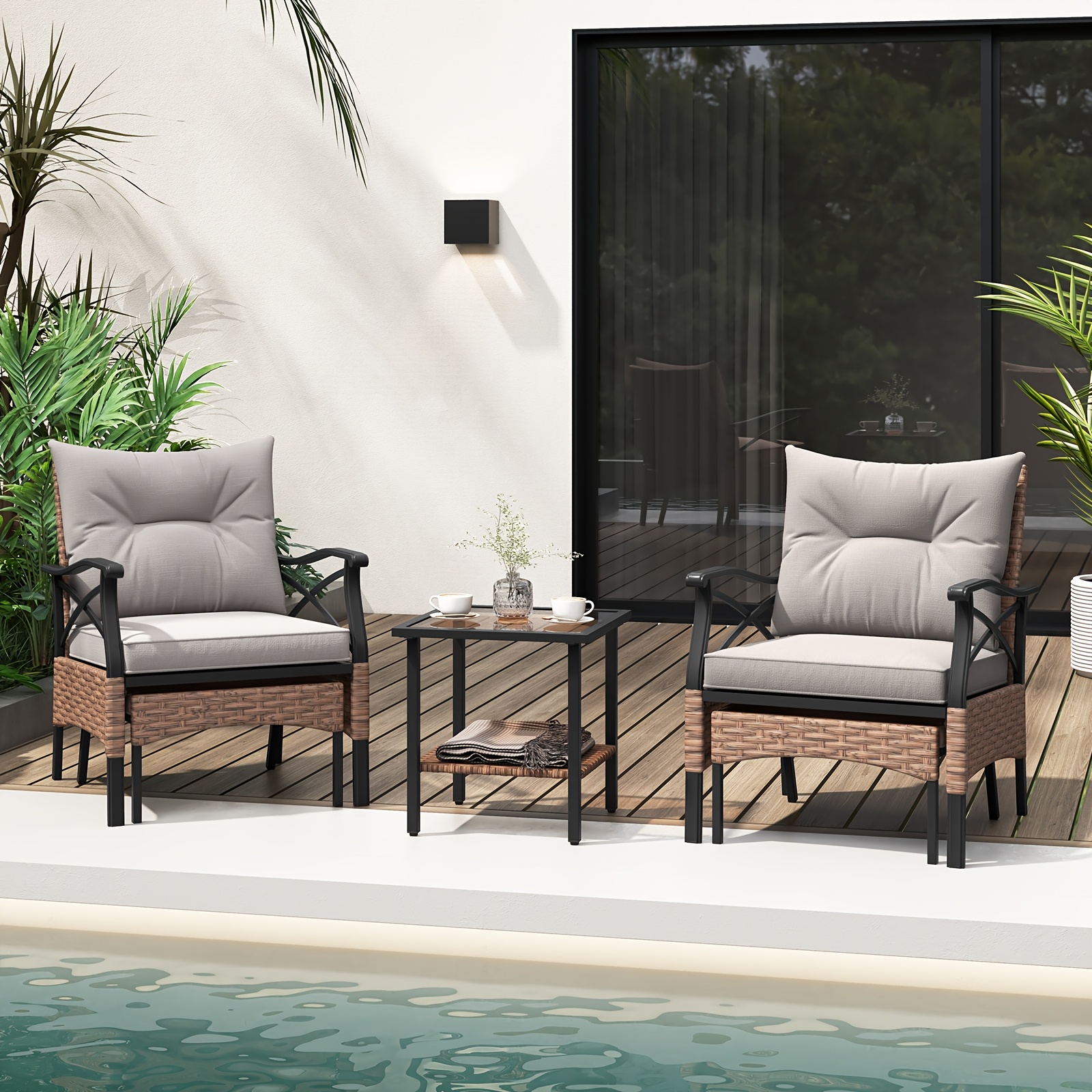 Image of 5pcs Wicker Patio Furniture Set, Outdoor With Ottomans, Cushions And 2-tier Tempered Glass Side Table, Patio Conversation Bistro Set For Garden, Porch, Balcony