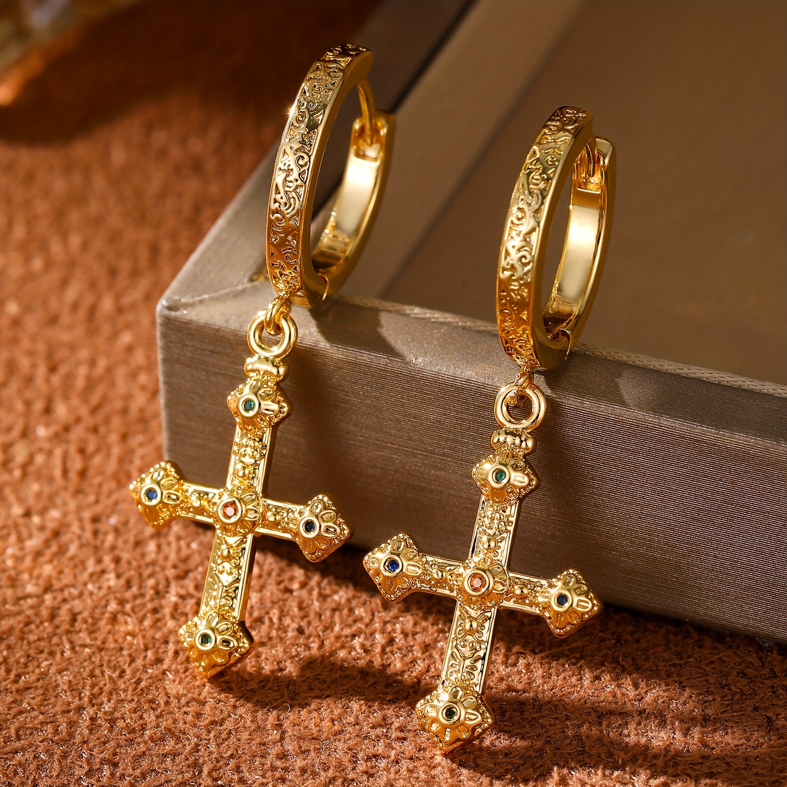 Image of A High-end, Fashionable, And Light-luxury Unisex Luxurious Vintage Cross Drop Earring Made Of Copper. And A Design, An For Fashion Enthusiasts. This Unisex Earring Is A Great Item, Making It
