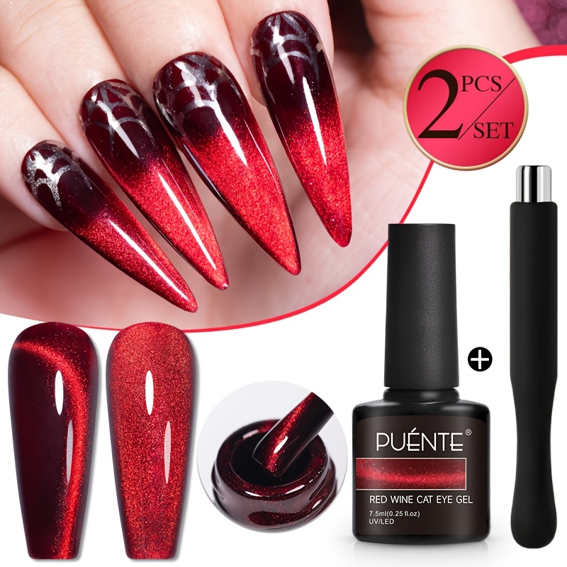 Image of Puente Ruby Red 7.5ml Wine Red Cat Eye Gel Nail Polish With Magnet Stick, Long-lasting, Easy To Apply, Wine Red Cat Magnetic Nail Gel Soak Off Gel For Manicure