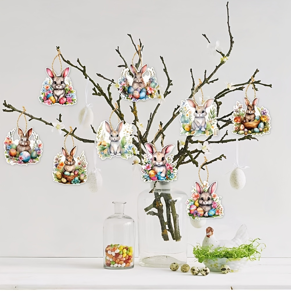 

9pcs/set, Easter Party Double-sided Card Paper Ornaments, Rabbit Carnival Party Decorations, Holiday Party Atmosphere Props, Cute Rabbit Hanging Ornaments, With Hanging Rope