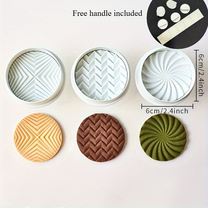 3pcs Retro Geometric Biscuit Mould, Nostalgic Ripple Milk Pancake 3d Stamp Mould, Light Beige Hand Press Tool Cookie Cutter.