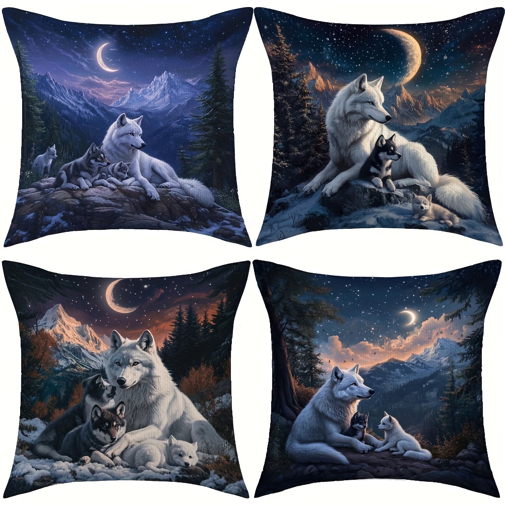 

4-pack White Wolf Themed Decorative Throw Pillow Covers - Double-sided Print, Soft Polyester, Home Decor For Halloween & Christmas - No Insert (qyh25-269-272)