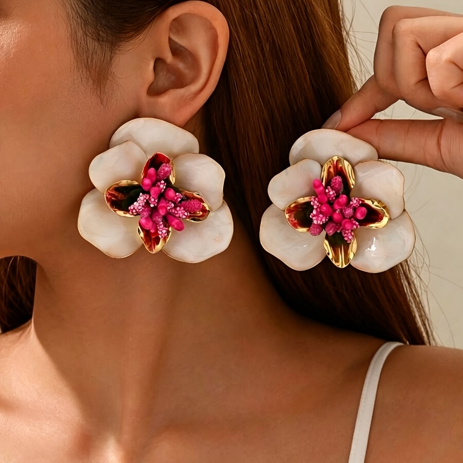 TEMU 1 Pair Of Enamel Large Flower Earrings For Women, Suitable For Wedding Parties