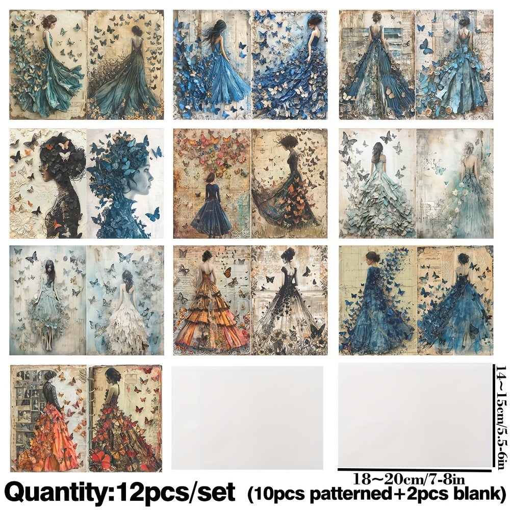 12pcs/pack Retro Craft Junk Journal Vellum Paper Pack Butterflies Long-dressed Women Pattern Whimsical Scrapbooking Paper Diy Translucent Craft Paper