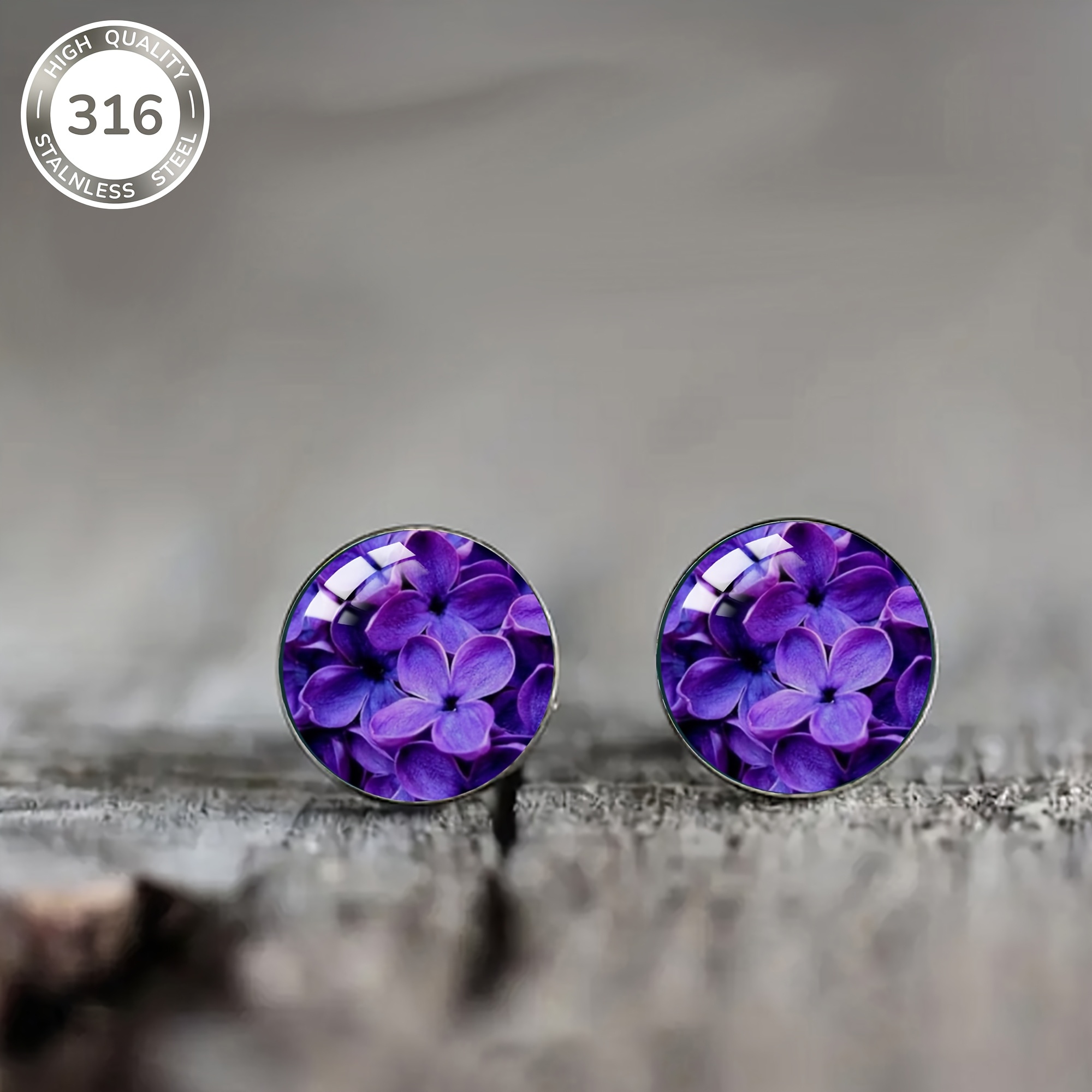 A Pair Of Stylish Earrings For Women Featuring A Romantic Violet Pattern, Embodying A Floral Theme With An Elegant And . Made Of Steel With Embedded Convex Glass, Suitable For Everyday Wear, Parties