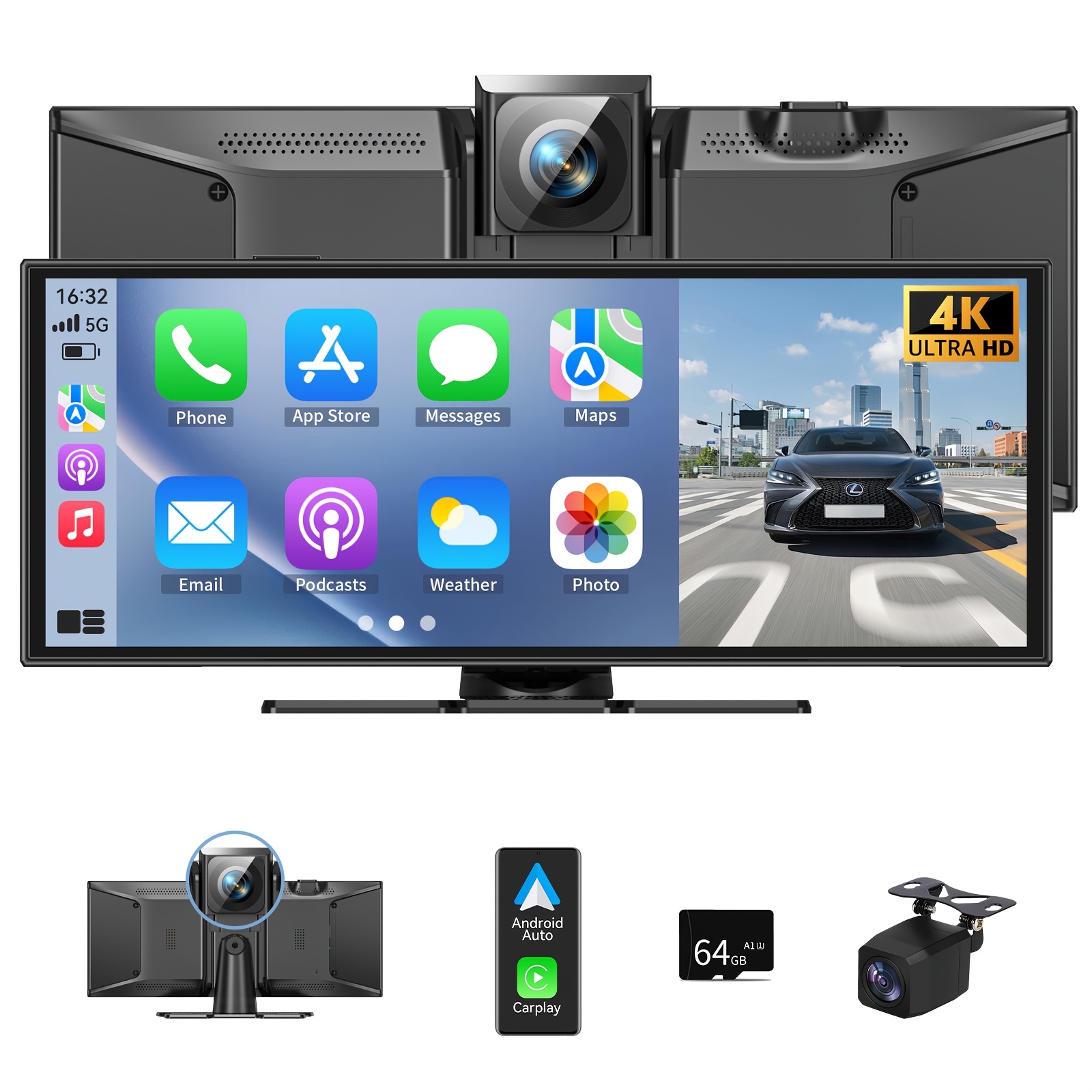 TEMU Écran Portable Carplay Fil 11.5", Android Auto Fil pour Voitures Non Intelligentes, Dashcam 4K, Caméra de Recul 1080P, Assistance au