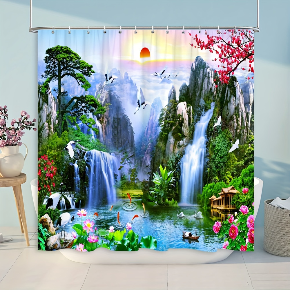 

1pc Scenery Shower Curtain, Sunrise Beautiful Rivers And Mountains Lakes Pine Trees Pattern, Natural For Home Bathrooms, Shower Screens, Curtains, Bathtub Partitions With Hooks, Bathroom Decorations