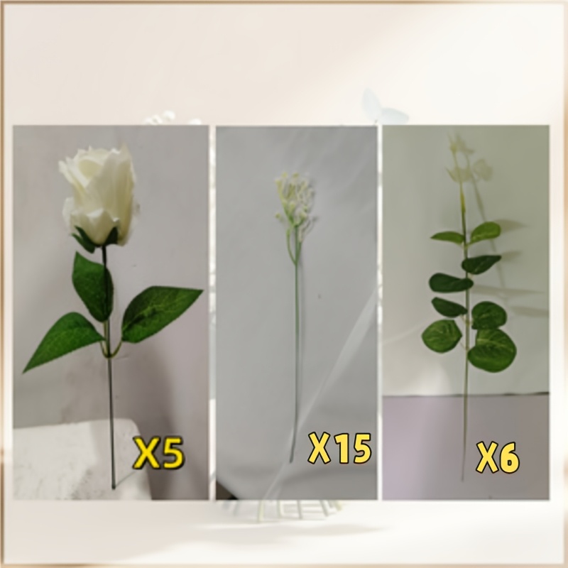 TEMU 26pcs White Rose, Eucalyptus, 's Breath Bouquet - Realistic Faux Flowers - Home Decor, Kitchen Supplies/holiday Decoration/artificial Flowers -