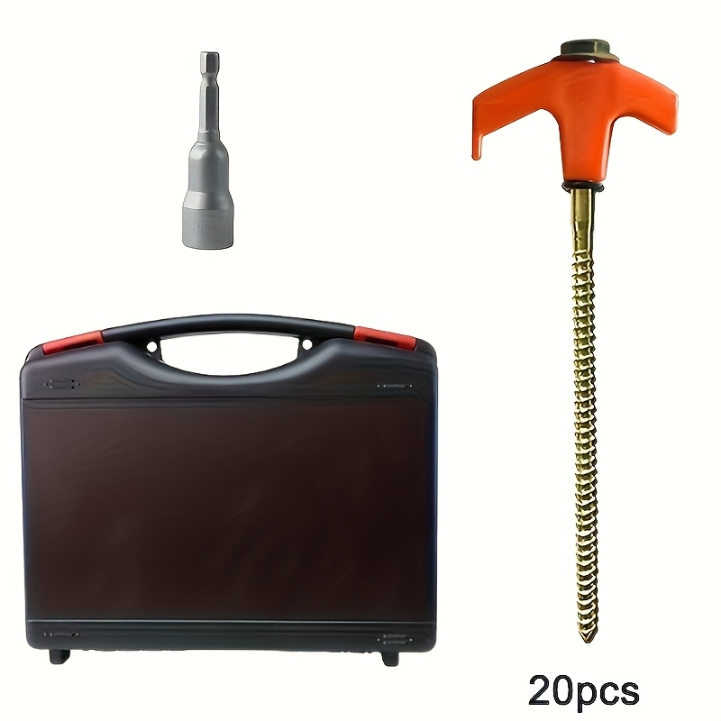 Image of Set Of 20 Durable Tent Stakes - 8-inch Screw-in Ground Anchors - Golden Camping Pegs In Orange, Black, Clear, And Green With Hex Head Driver And Storage Container