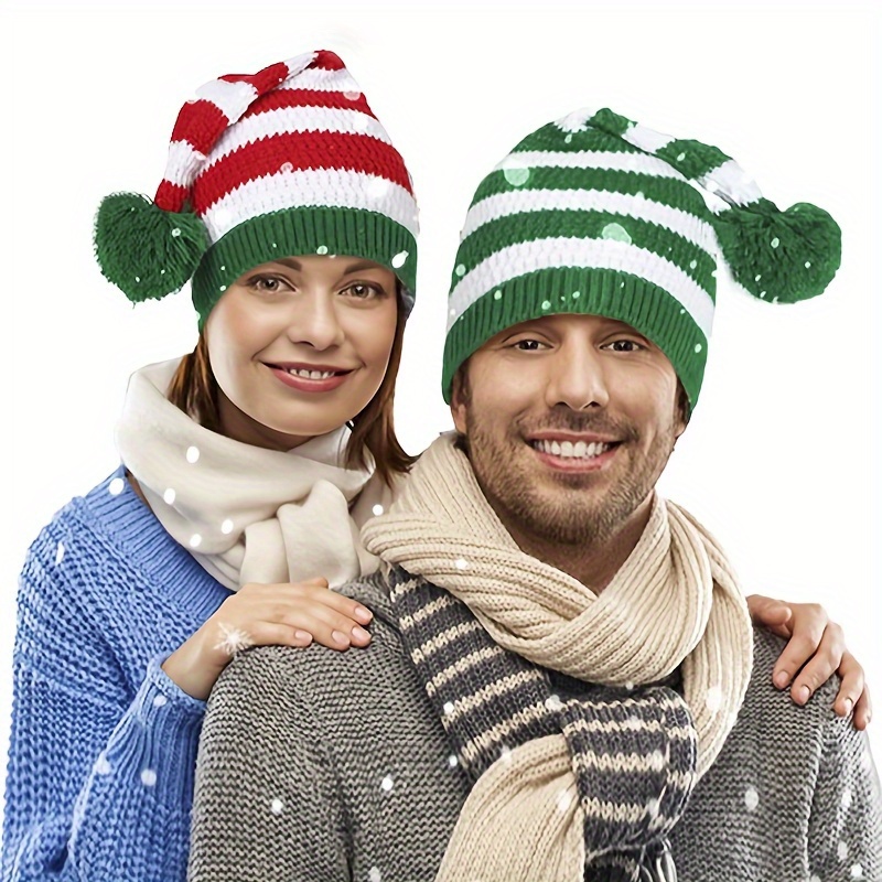 

Red & Green Striped Beanie With Pom-pom - Soft, Breathable Acrylic Knit Hat For Women | Christmas & Winter Outdoor Activities