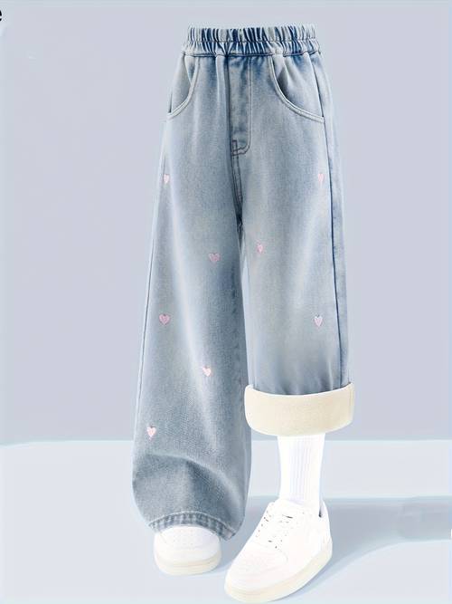 new autumn and girls fleece jeans wide leg long pants pants