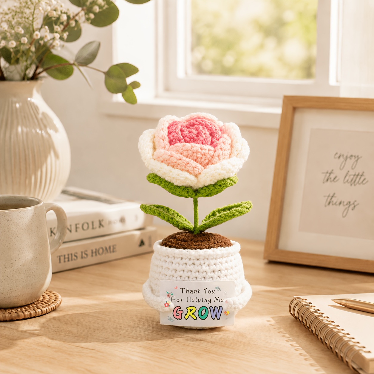 TEMU Handmade Crochet Rose Pot Flower, Thank You For Helping Me Grow Teacher Gift, Knitted Artificial Plant For Office Desk Home Decor, Christmas
