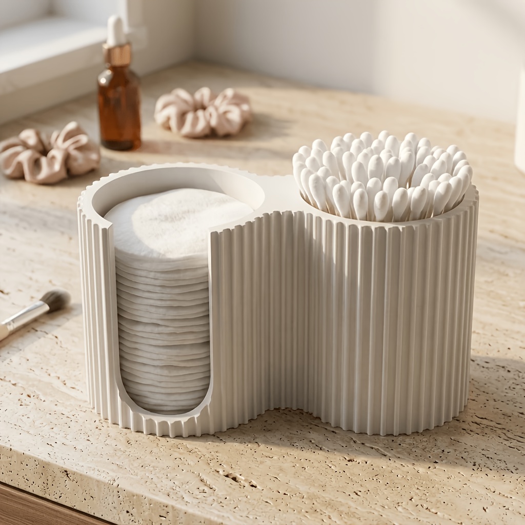 TEMU Minimalist Striped Makeup Organizer, Creative Swab Holder, 2-in-1 Bathroom Swab Box, Countertop Decluttering Item, Decor For Bedroom Vanity,