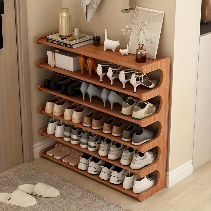 item picture multi layer bamboo shoe rack wood grain   suitable for dormitories and home entrances easy to assemble brown freestanding practical multi layer storage rack home storage multiple  