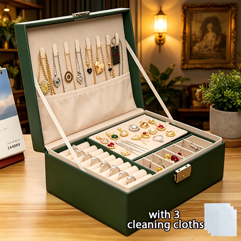 TEMU Organizador de Joyas de Cuero Sintético de Gran Capacidad de 2-3 Capas - Cajones con Forro y Exhibición Superior para Collares, Pendientes,