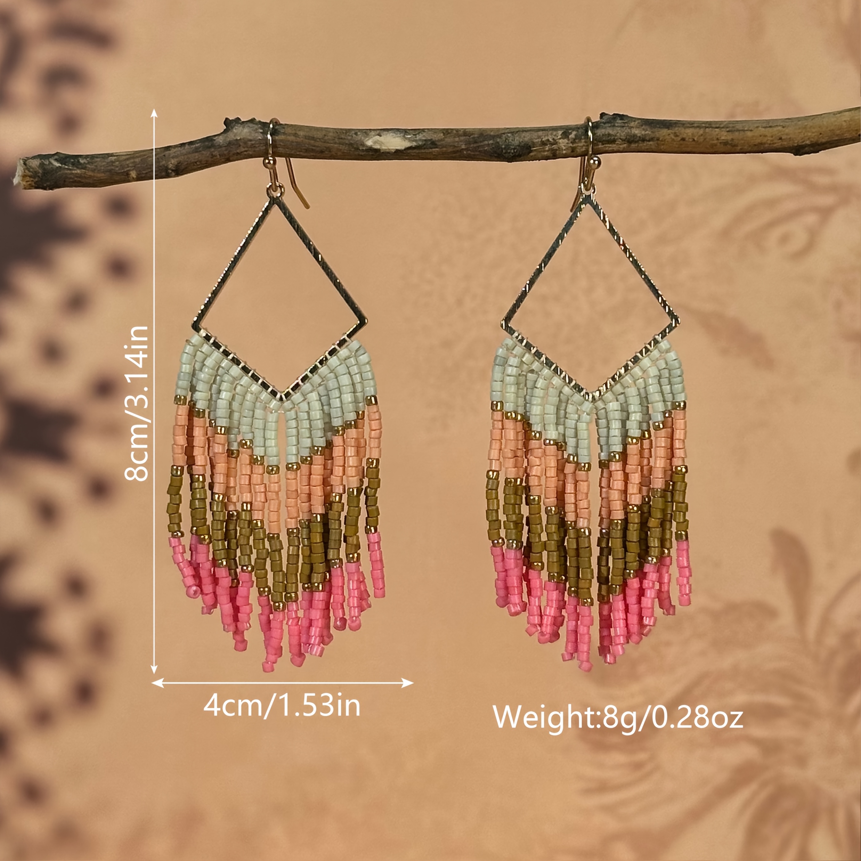 Women's Handmade Beaded Tassel Earrings, Rhombus Frame