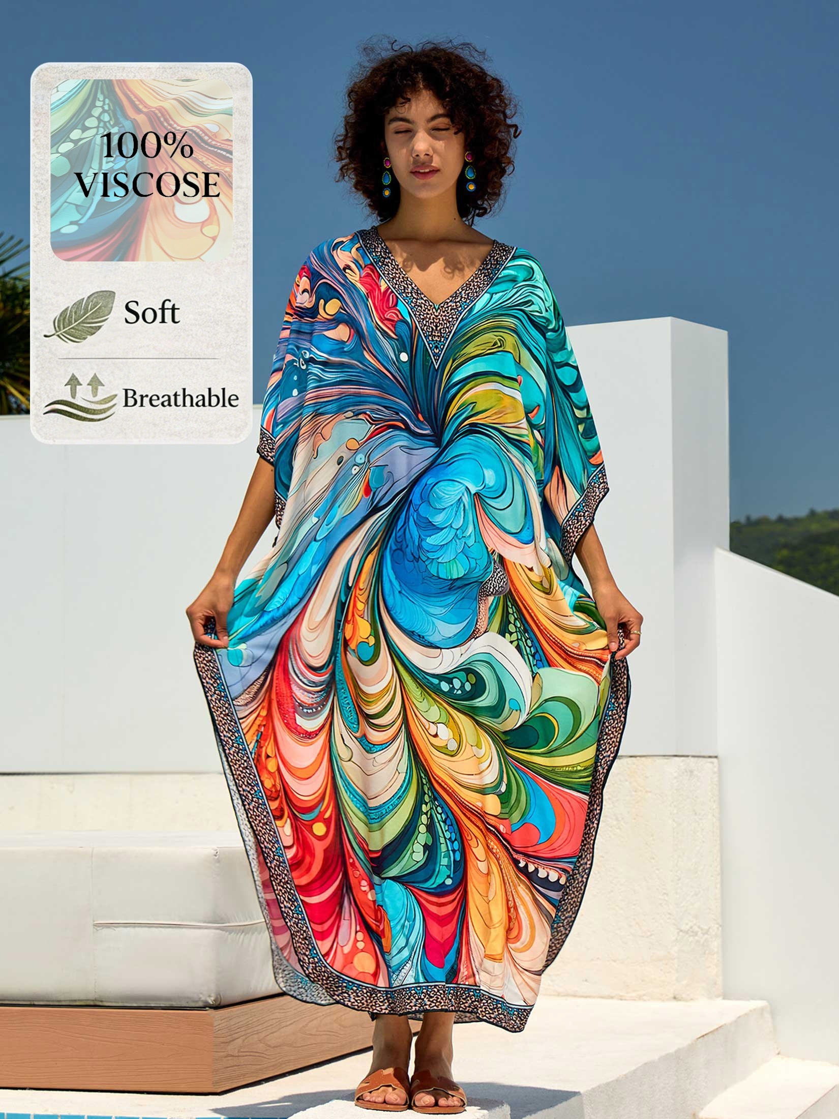 Plus Size V-Neck Kaftan Dress - Vibrant Multicolor Floral Print, Loose Fit  Maxi Dress for Women * Beach & Casual Summer * Beach Coverup|Vibrant Print  Dress|Flowy Fabric, Beach Dresses