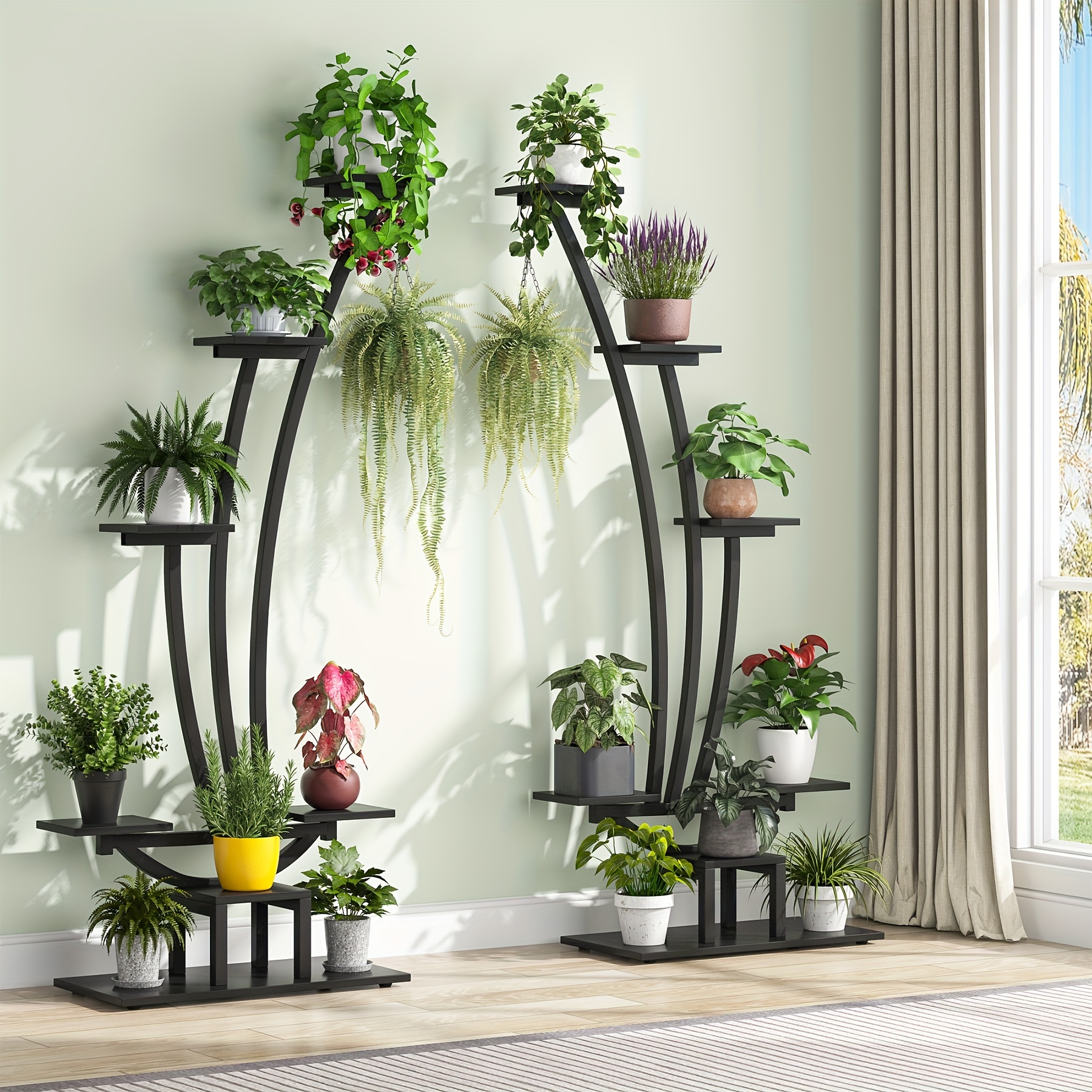 

Little Tree 6-tier Tall Indoor Plant Stand Pack Of 2, Multi-purpose Bonsai Flower Pots Plant Rack, Metal Curved Display Shelf With 2 Hanging Hooks, For Indoor, Garden, Balcony, Living Room, Black