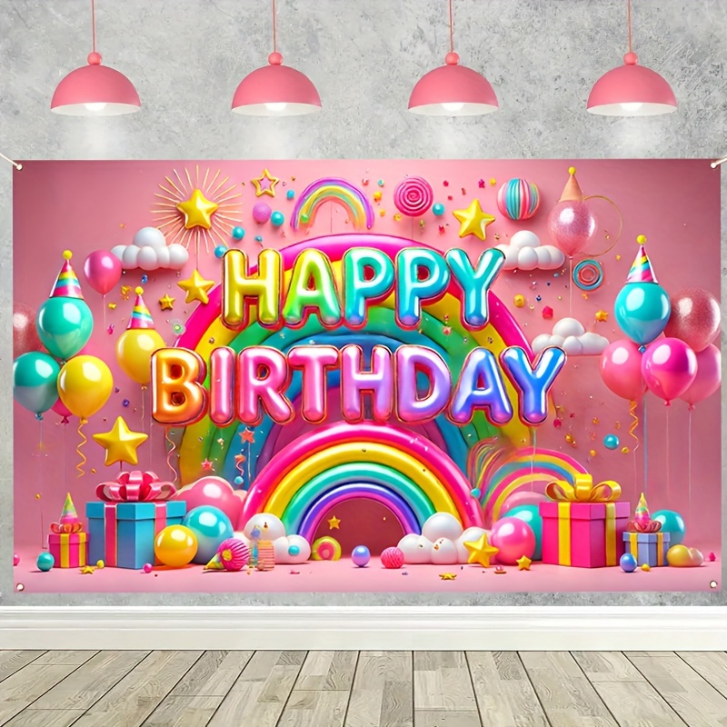 

1pc Happy Birthday Party Banner - Colorful Balloons & Rainbow Design With Festive Stars And Clouds Theme, Versatile Polyester Decoration For All Occasions
